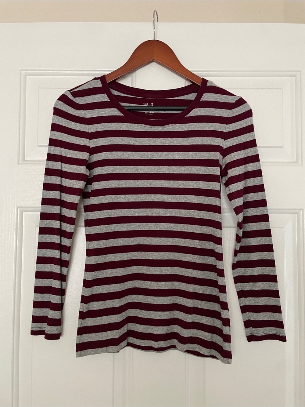 GAP Maroon and Gray Striped Long-Sleeve Tee
